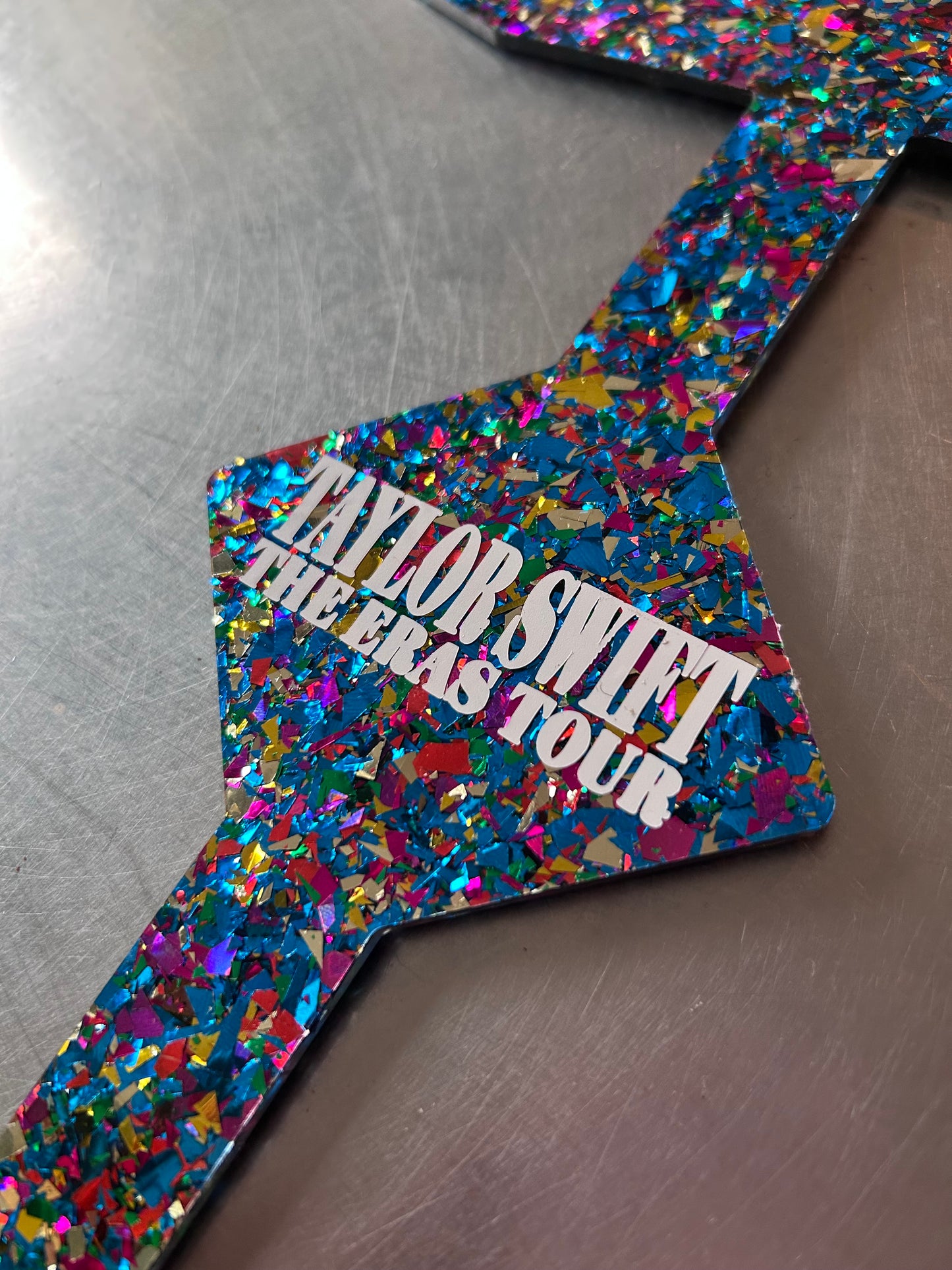 Eras Tour Bracelet Stand, KARMA glitter confetti acrylic