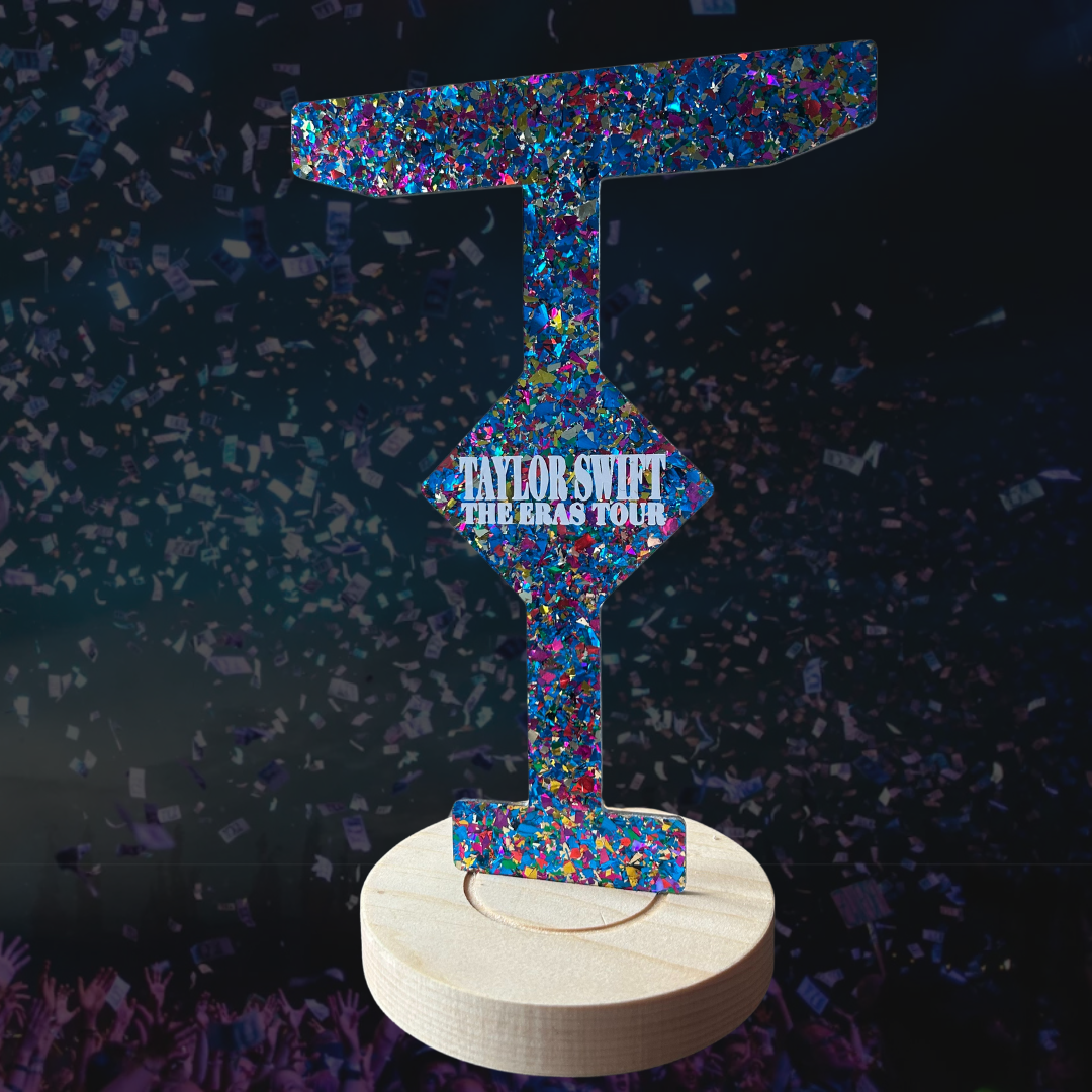 Eras Tour Bracelet Stand, KARMA glitter confetti acrylic